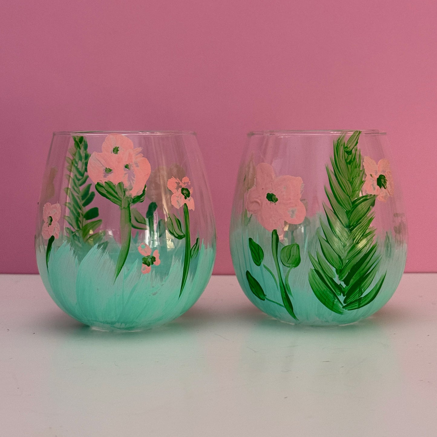 Pair Hand Painted Floral Stemless Wine Glasses Pink Green 4"