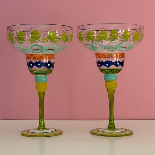 Pair Vintage Hand Painted Margarita Glasses Colorful Art Glass Goblets 8.5"