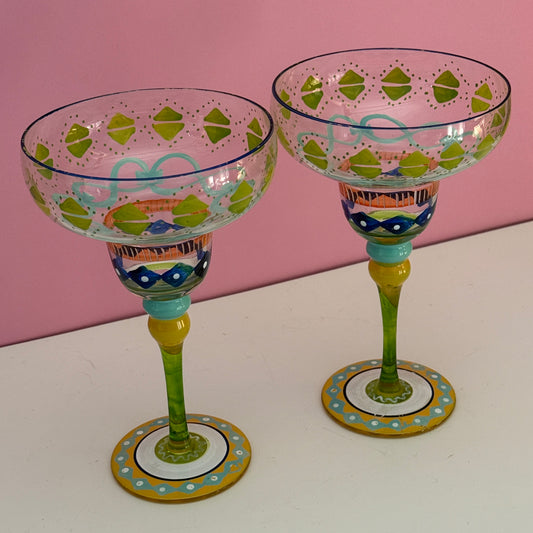 Pair Vintage Hand Painted Margarita Glasses Colorful Art Glass Goblets 8.5"