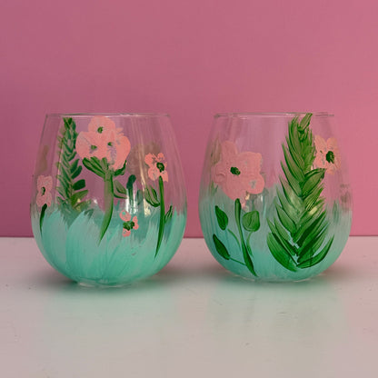 Pair Hand Painted Floral Stemless Wine Glasses Pink Green 4"