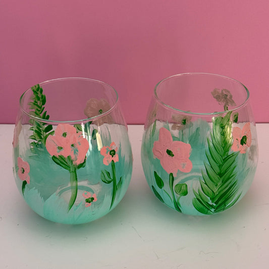 Pair Hand Painted Floral Stemless Wine Glasses Pink Green 4"