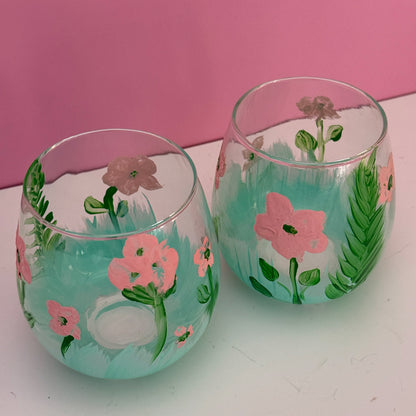 Pair Hand Painted Floral Stemless Wine Glasses Pink Green 4"