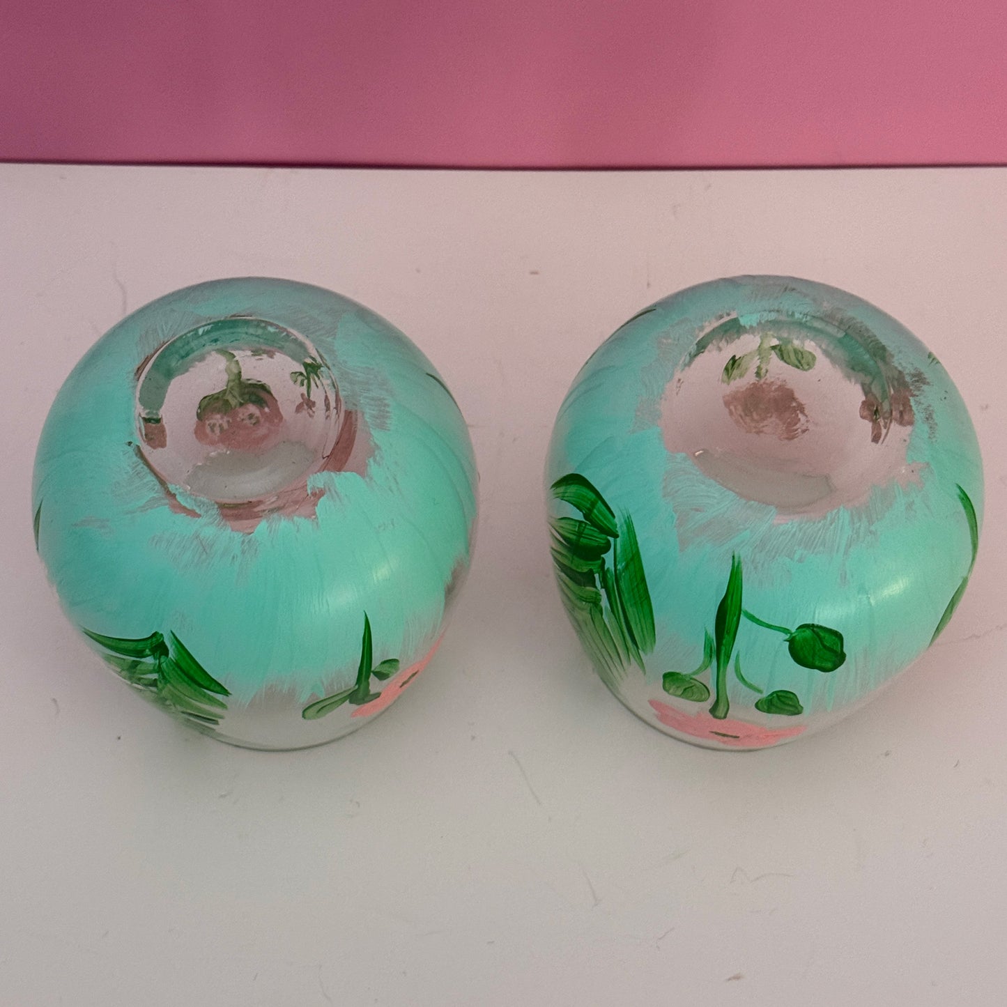 Pair Hand Painted Floral Stemless Wine Glasses Pink Green 4"