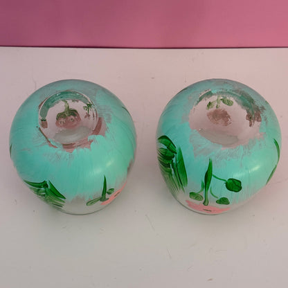 Pair Hand Painted Floral Stemless Wine Glasses Pink Green 4"