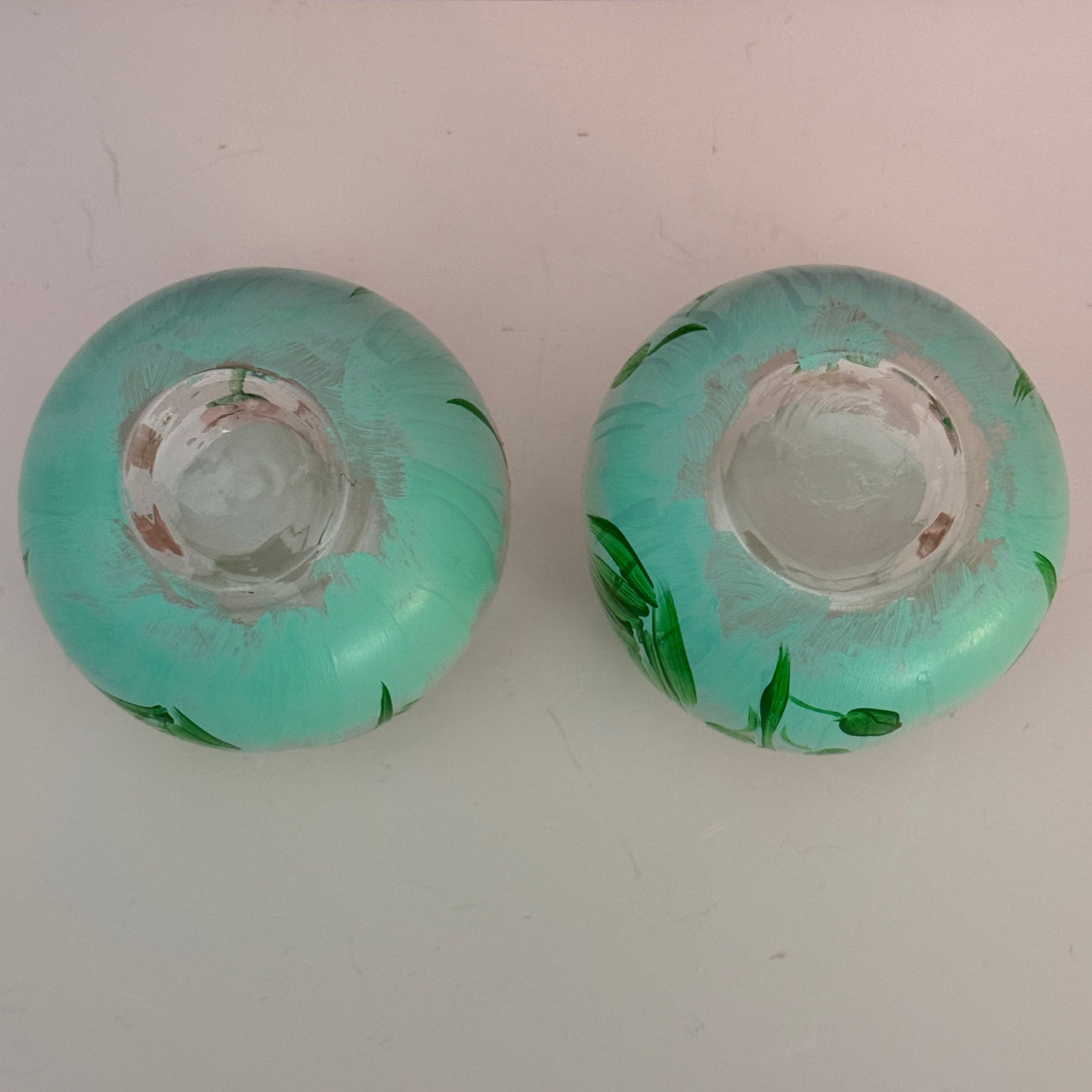 Pair Hand Painted Floral Stemless Wine Glasses Pink Green 4"