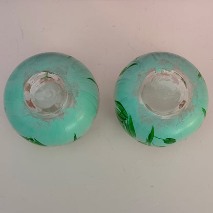 Pair Hand Painted Floral Stemless Wine Glasses Pink Green 4"