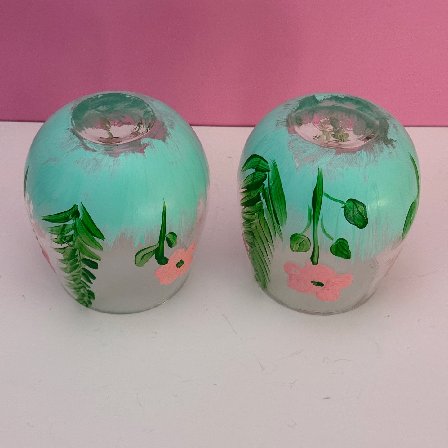 Pair Hand Painted Floral Stemless Wine Glasses Pink Green 4"