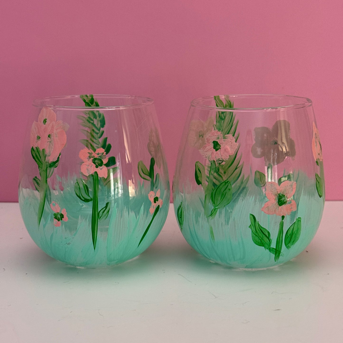 Pair Hand Painted Floral Stemless Wine Glasses Pink Green 4"