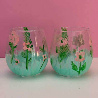Pair Hand Painted Floral Stemless Wine Glasses Pink Green 4"