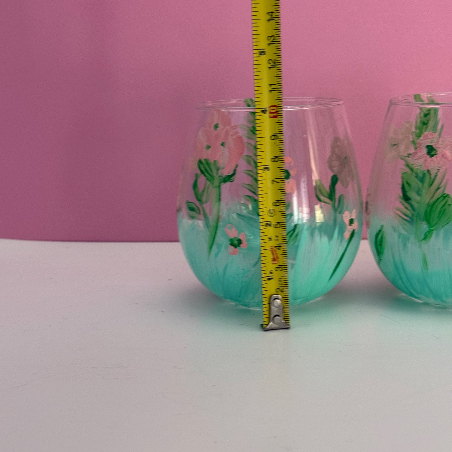 Pair Hand Painted Floral Stemless Wine Glasses Pink Green 4"