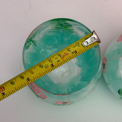 Pair Hand Painted Floral Stemless Wine Glasses Pink Green 4"