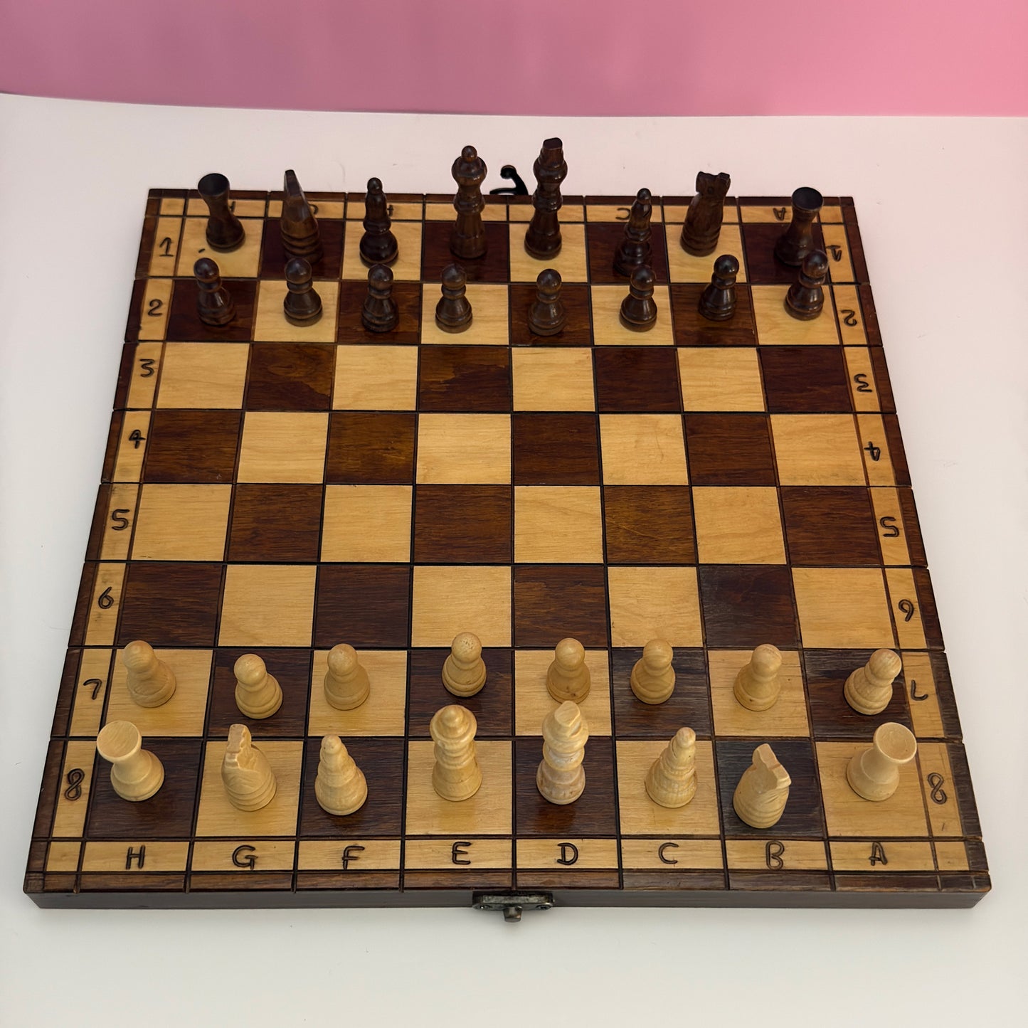Vintage Wooden Folding Chess Set Board Game With Storage Box 14"