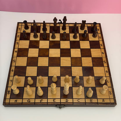 Vintage Wooden Folding Chess Set Board Game With Storage Box 14"