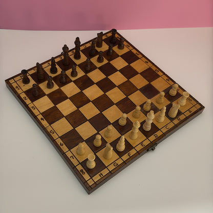 Vintage Wooden Folding Chess Set Board Game With Storage Box 14"