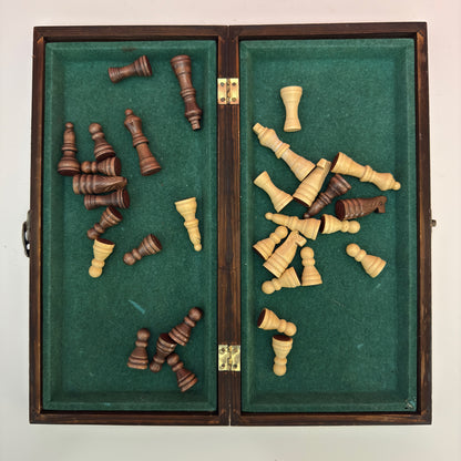 Vintage Wooden Folding Chess Set Board Game With Storage Box 14"