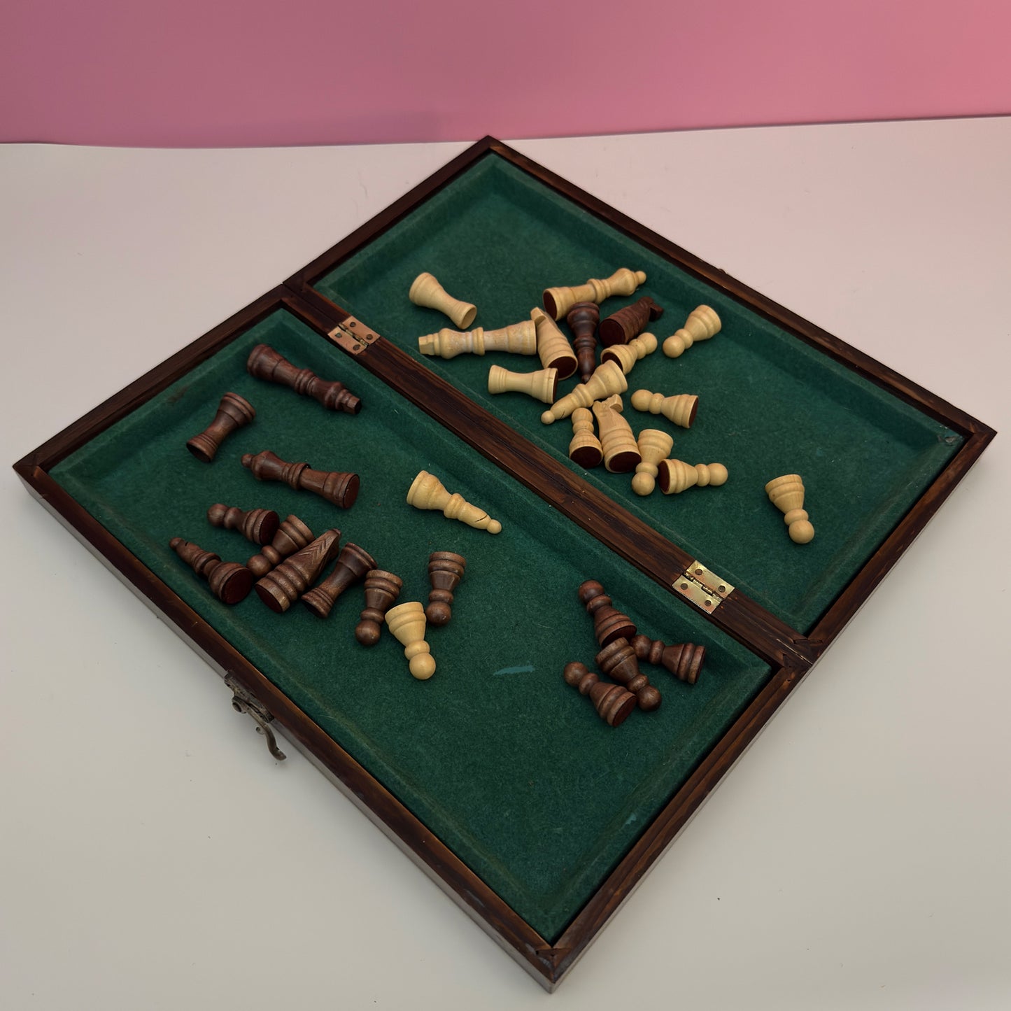 Vintage Wooden Folding Chess Set Board Game With Storage Box 14"