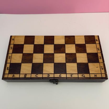 Vintage Wooden Folding Chess Set Board Game With Storage Box 14"