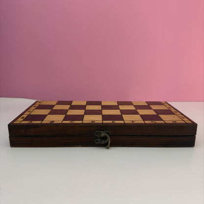 Vintage Wooden Folding Chess Set Board Game With Storage Box 14"