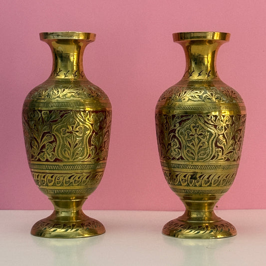 Vintage Hand Engraved Brass Vases Pair – Floral Etched Indian Decor 12"