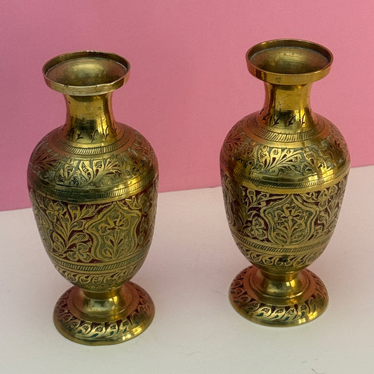 Vintage Hand Engraved Brass Vases Pair – Floral Etched Indian Decor 12"